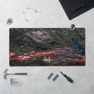 Red black tree mossy wood bark Monogram Desk Mat