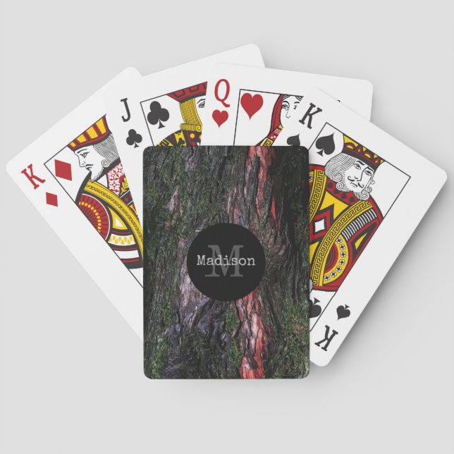 Red black tree mossy wood bark Monogram Playing Cards (Back)