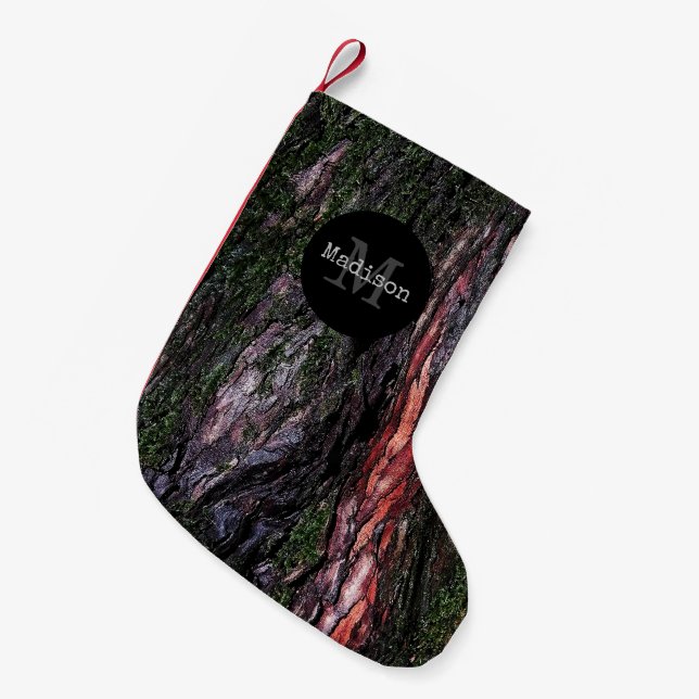 Red black tree mossy wood bark Monogram Small Christmas Stocking (Front (Hanging))