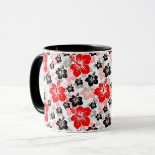 Red Black Tropical Hibiscus Floral Print Mug