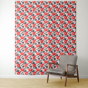 Red Black Tropical Hibiscus Floral Print Tapestry