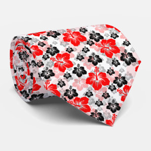 Red Black Tropical Hibiscus Floral Print  Tie