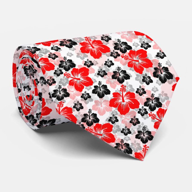 Red Black Tropical Hibiscus Floral Print  Tie (Rolled)