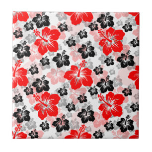 Red Black Tropical Hibiscus Floral Print  Tile