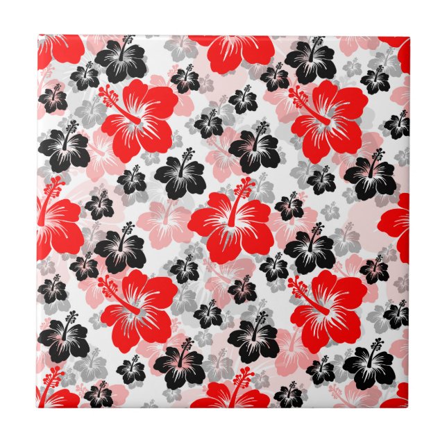 Red Black Tropical Hibiscus Floral Print  Tile (Front)