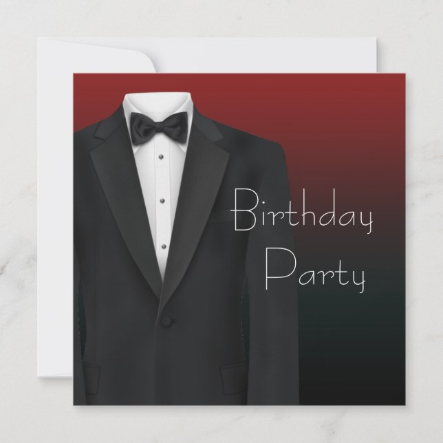 Red Black Tuxedo Mans Birthday Party Invitations (Front)