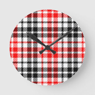 Red Black Twill Plaid Tartan On White Round Clock