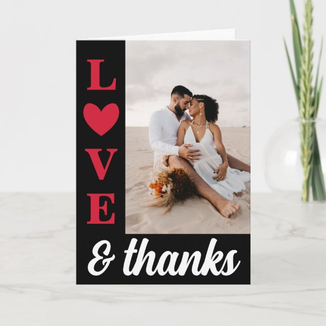 Red Black Typography Love & Thanks Wedding Photo  Thank You Card (Front)