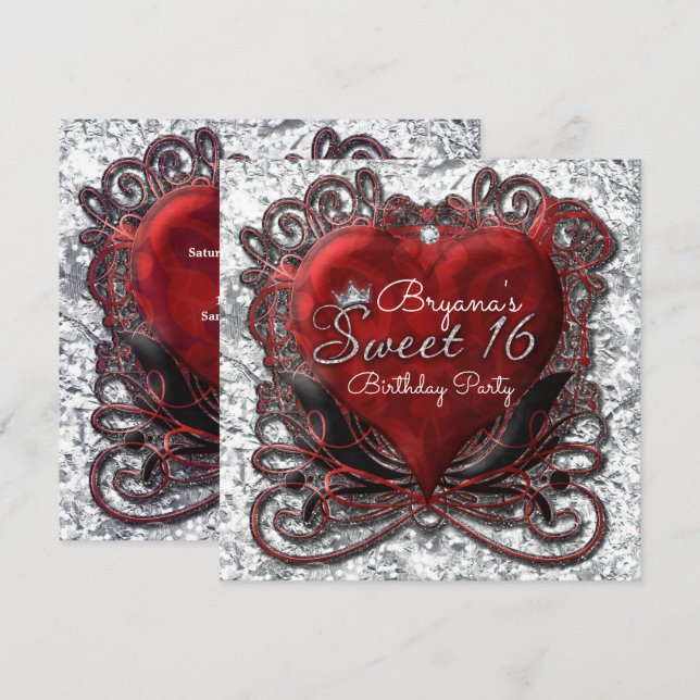 Red & Black Valentine Heart Foil Look Sweet 16 Invitation (Front/Back)