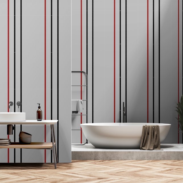 Red Black Vertical Stripe Grey Wallpaper (Bathroom)