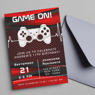 Red & Black Video Game Gaming Kid's Birthday Party Invitation