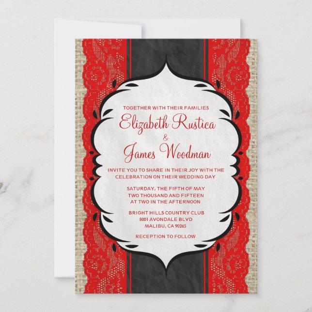 Red & Black Vintage Linen Lace Wedding Invitations (Front)