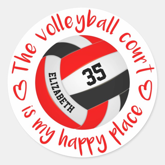 red black volleyball happy place girly typography classic round sticker (Front)