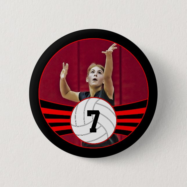 Red & Black Volleyball Photo & Jersey Number 6 Cm Round Badge (Front)