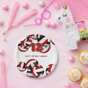 red black volleyballs kids birthday party paper plate