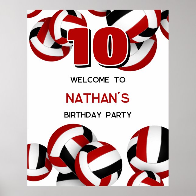 red black volleyballs kids birthday party poster (Front)