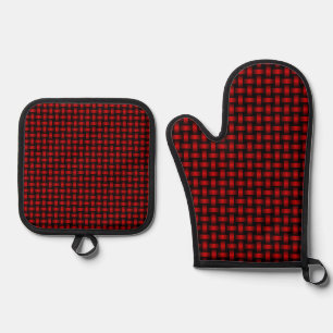 Red Black Weave Pattern Oven Mitt & Pot Holder Set