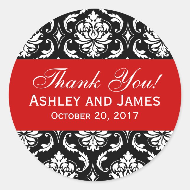 Red, Black Wedding Damask Thank You Label (Front)