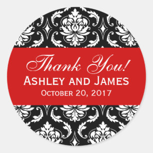 Red, Black Wedding Damask Thank You Label