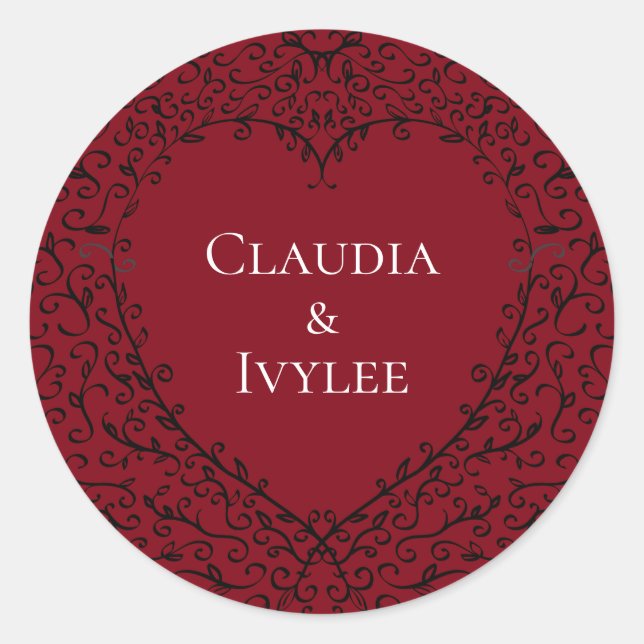 Red Black Wedding Heart Gothic Classic Round Sticker (Front)