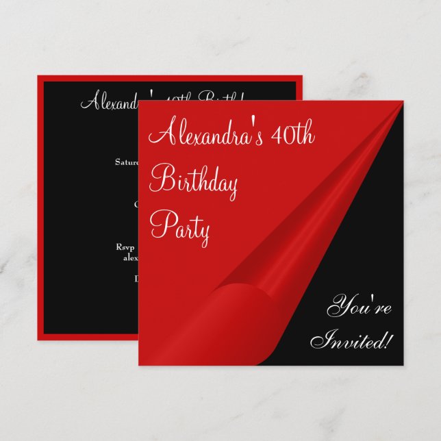 Red Black & White 40th Birthday Party Invitation (Front/Back)