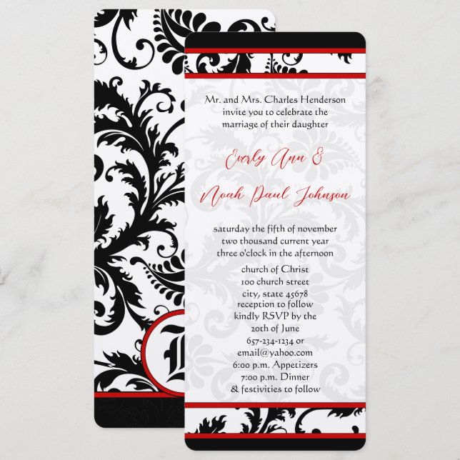 Red Black White 9x4 Damask Unique Wedding Invitation (Front/Back)