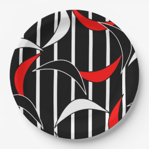 Red, Black & White Abstract Boomerang Design Paper Plate