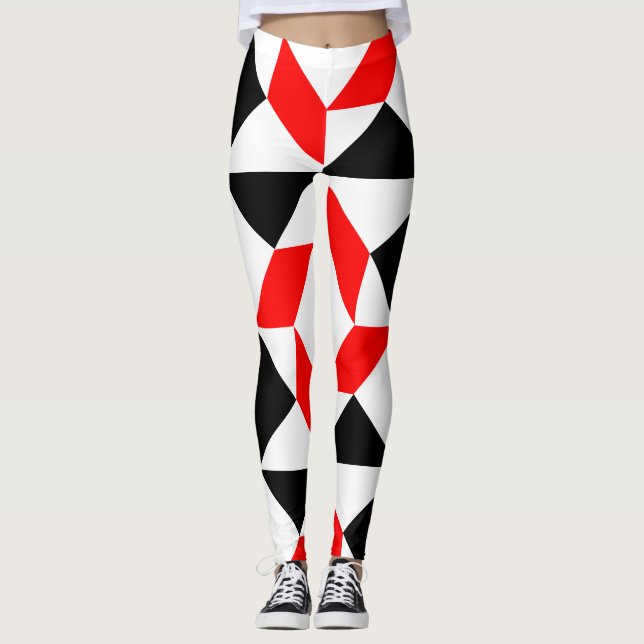 Red Black White abstract geometric pattern Leggings (Front)