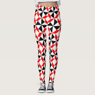 Red Black White abstract geometric pattern Leggings