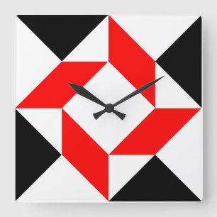 Red Black White abstract geometric pattern Square Wall Clock