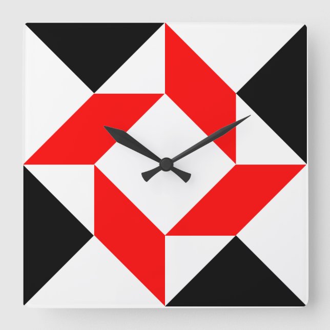 Red Black White abstract geometric pattern Square Wall Clock (Front)