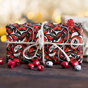 Red Black White Abstract Haida Face Native Art Wrapping Paper