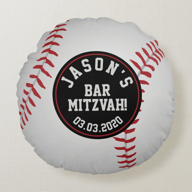 Red Black White Baseball Bar Mitzvah Round Cushion (Front)