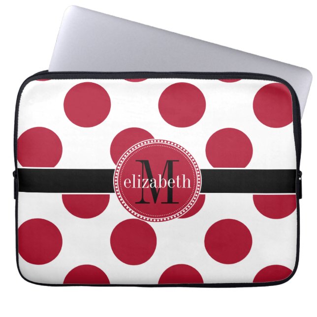 Red Black White Big Polka Dot Monogram Laptop Sleeve (Front)