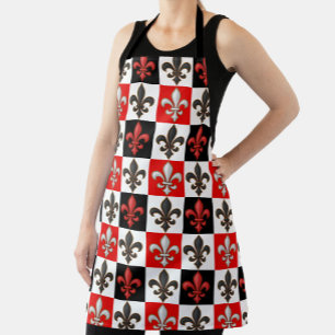 Red Black White Checkered Fleur-de-lis Design  Apron