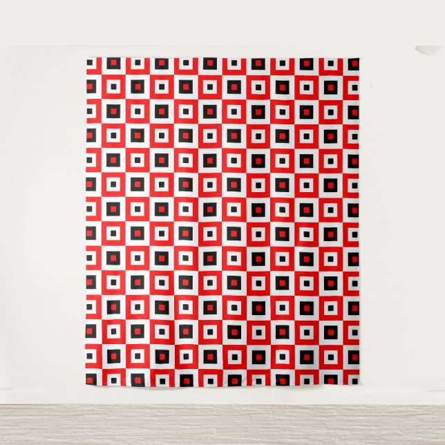 Red Black White Checkered Squares Pattern Design Tapestry (Front)