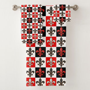 Red Black White Chequered Fleur-de-lis Design  Bath Towel Set