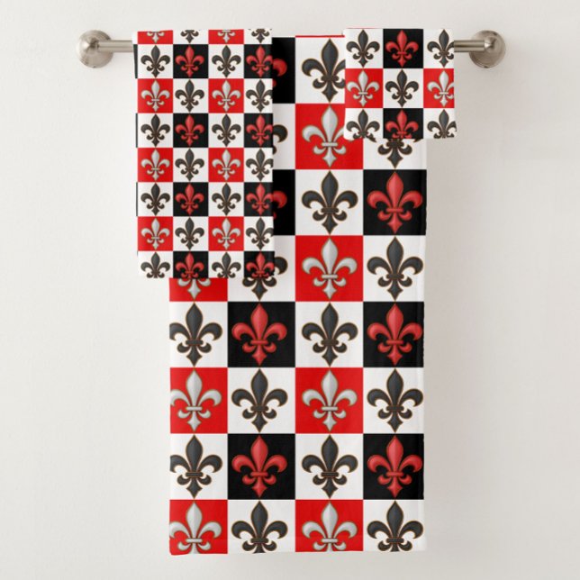 Red Black White Chequered Fleur-de-lis Design  Bath Towel Set (Creator Uploaded)