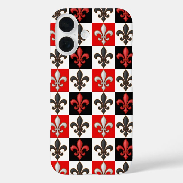 Red Black White Chequered Fleur-de-lis Design  Case-Mate iPhone Case (Back)