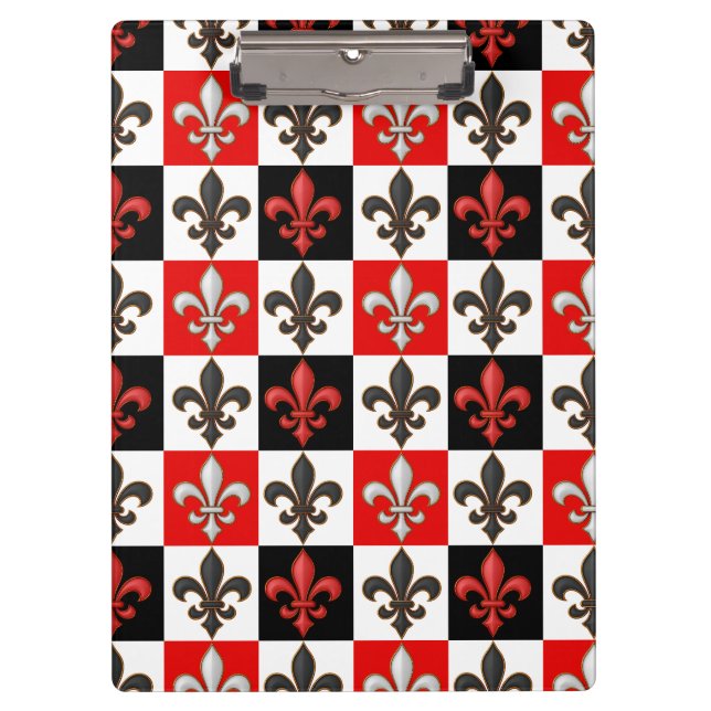 Red Black White Chequered Fleur-de-lis Design  Clipboard (Front)