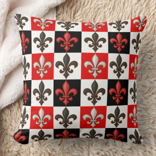 Red Black White Chequered Fleur-de-lis Design  Cushion