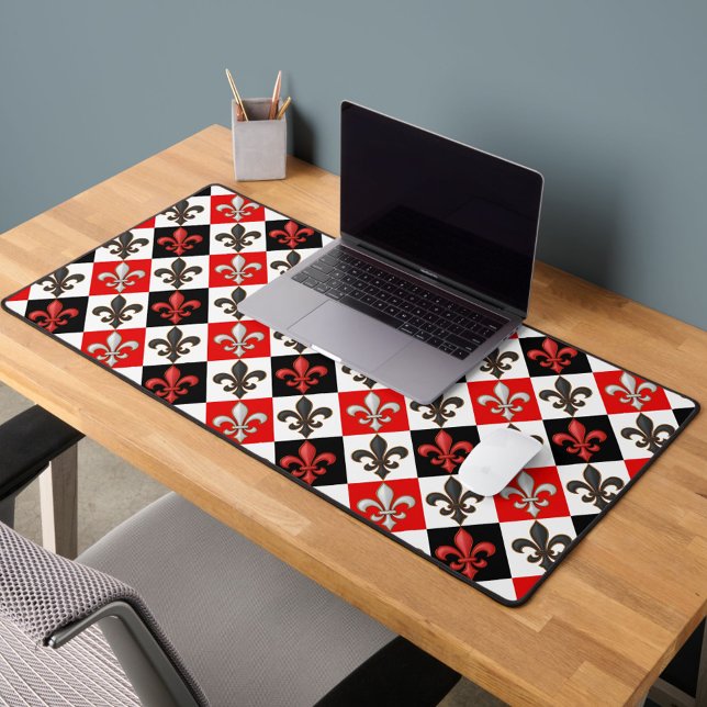 Red Black White Chequered Fleur-de-lis Design  Desk Mat (Creator Uploaded)
