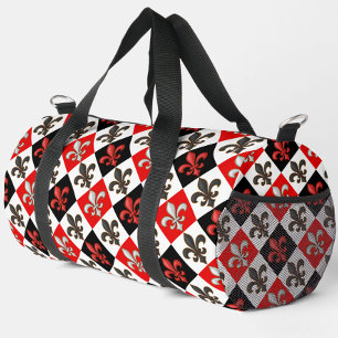 Red Black White Chequered Fleur-de-lis Design Duffle Bag