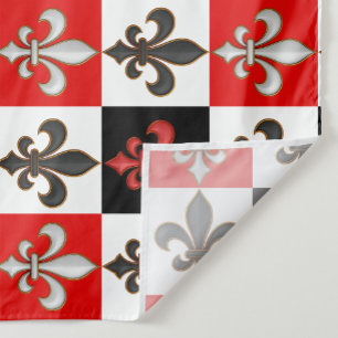 Red Black White Chequered Fleur-de-lis Design  Fabric