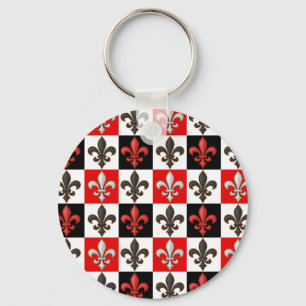 Red Black White Chequered Fleur-de-lis Design Key Ring