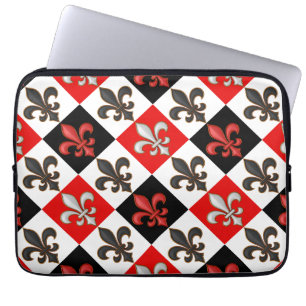 Red Black White Chequered Fleur-de-lis Design Laptop Sleeve