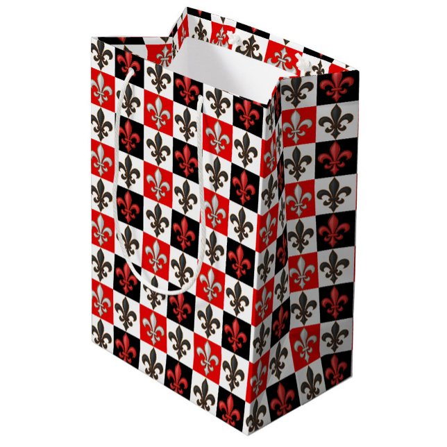 Red Black White Chequered Fleur-de-lis Design  Medium Gift Bag (Creator Uploaded)