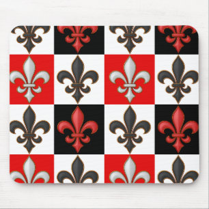 Red Black White Chequered Fleur-de-lis Design Mouse Mat