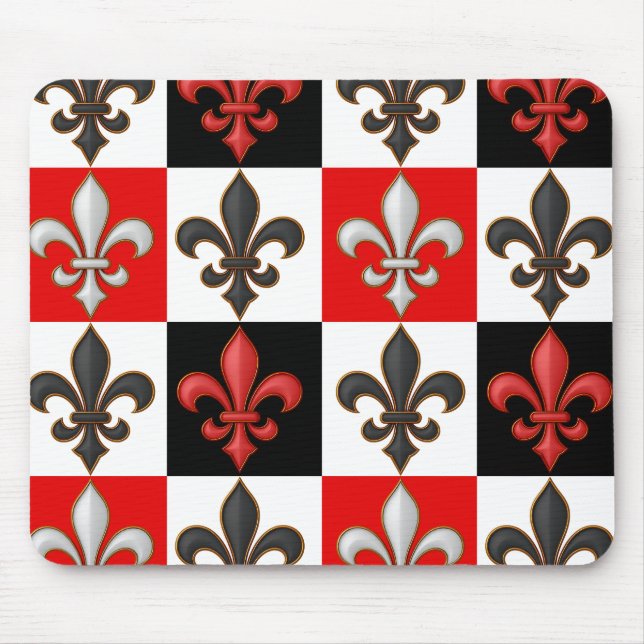 Red Black White Chequered Fleur-de-lis Design  Mouse Mat (Front)