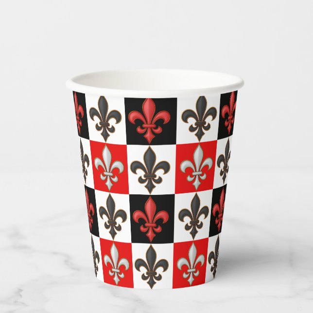 Red Black White Chequered Fleur-de-lis Design  Paper Cups (Front)